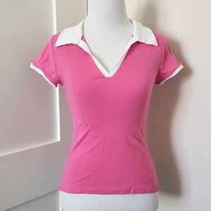 Vintage Blue Asphalt Pink/white collared V-neck short sleeve top Junior's S